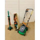 A Black and Decker s trimmer and a small lawnmower (different makes)