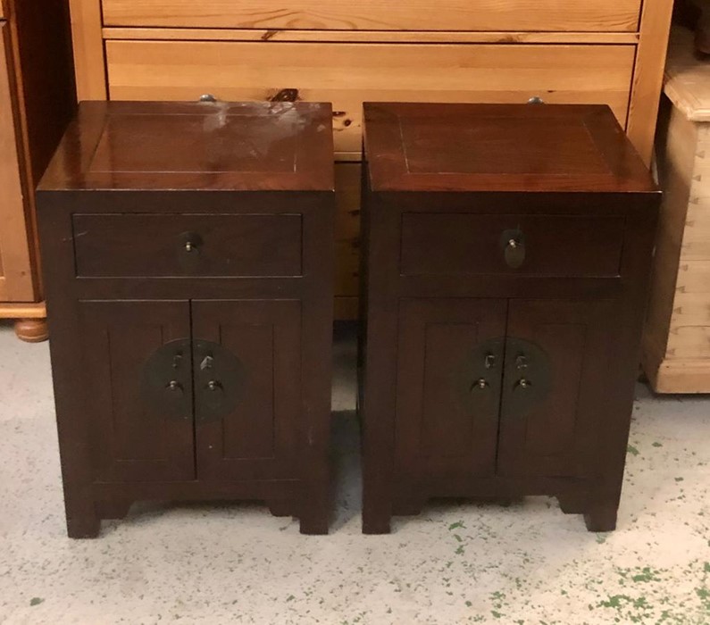 A pair of modern Chinese style bedside cabinets with dark bronze handles (Bars missing) (H60cm W40cm