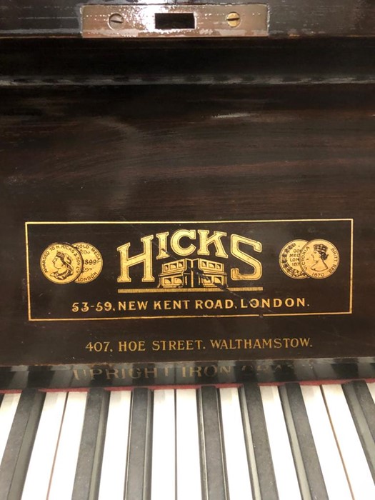 A striking small upright piano in a dark brown gloss wood made by Hicks of New Kent Road (H117cm - Image 4 of 6