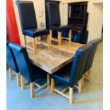 A large Italian Marble table with eight leather chairs 150 cm x 150 cm x 77cm H