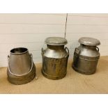 Two milk churns and a metal milk pale