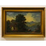 A framed oil on board of a chalet and lake scene with children, possibly Swiss or Austrian