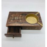 A wood with brass inlay desk cigarette box and ashtray