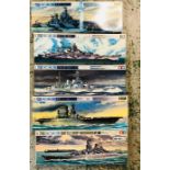 Five boxed Water Line Series Battleship kits to include US, British, German and Japanese