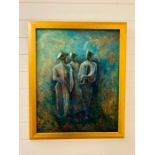 An unsigned oil on canvas of three people