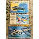 Three boxed US Aircraft kits to include a F-16 falcom, a BS2-H and a sparrow hawk