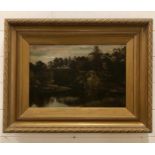 A framed oil on canvas of a wood and lake scene (Framed 66cm x 52cm)