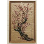A Framed Chinese silk painting, signed featuring Cherry Blossom. (109cm x 63cm)