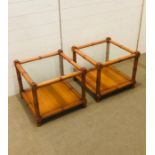 A pair of G-Plan drinks tables in a faux bamboo style with glass tops (H46cm D54cm W54cm)