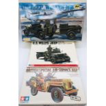 Three boxed model kits of Jeeps to include a Mitsuwa model kit no 334 US, Jeep Willy's MB display