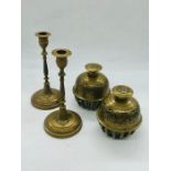 A pair of Indian Brass bells and candlesticks