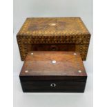Bur Walnut crossbanded workbox and a simulated rosewood box with pewter stringing & MOP roundals