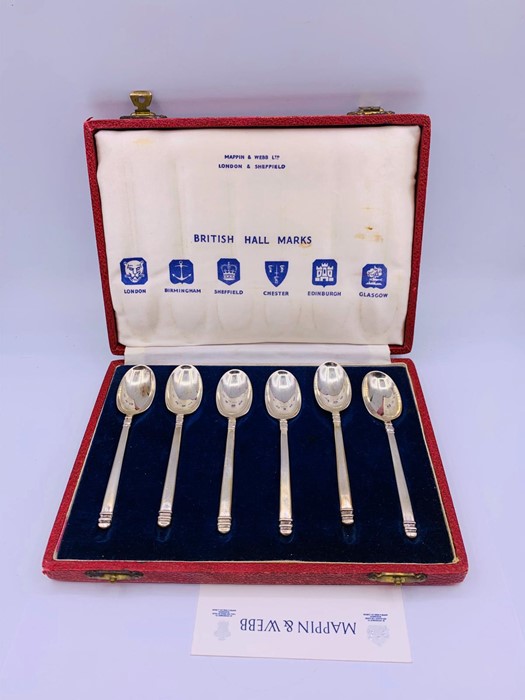 A Boxed set of Mappin and Webb silver coffee spoons from six different British Hallmarks.