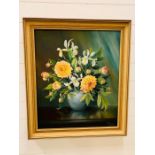 Oil on canvas of still life with flowers signed Ethelwyn Shielm1979 (H77cm W67cm)