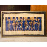 A large signed Egyptian themed picture on papyrus in a bronze coloured framed (134cm x 78cm)