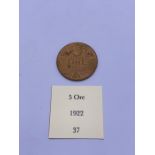 A Norwegian 1922 5 Ore UNC coin.
