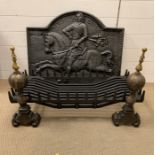 A large cast iron fire place back plate, cast with Lord Fairfox riding his horse along with grate