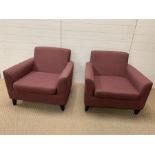 A pair of purple fabric lounge chairs (H69cm W72cm D80cm)