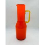 A contemporary jug with acid yellow handle and 1960's orange (H30cm Diam 9.5cm)