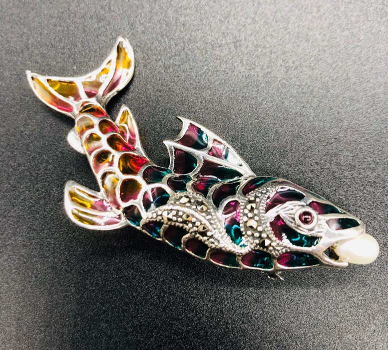 A Silver Plique A Jour Fish Brooch