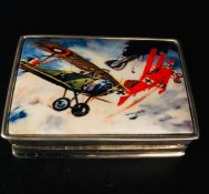 A Silver Pill Box with enamel image of WWI Bi Planes Fighting