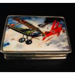 A Silver Pill Box with enamel image of WWI Bi Planes Fighting
