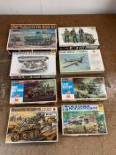 A selection of eight various army model kits to include Hasagawa, Tomy, Texaco, Fujimi, Dragon and
