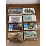 A selection of eight various army model kits to include Hasagawa, Tomy, Texaco, Fujimi, Dragon and