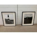 A Pair of Black and White framed photographs of lighthouses in black frames.