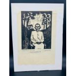 An ink woodcut of Indian spiritual leader Mahatma Gandhi, early 20th century. Signed by artist