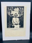 An ink woodcut of Indian spiritual leader Mahatma Gandhi, early 20th century. Signed by artist