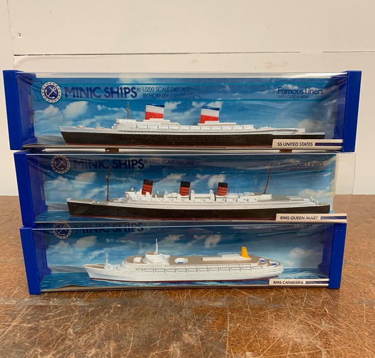 Three boxed Minic Ships to include RMS Queen Mary, RMS Canberra and SS United States