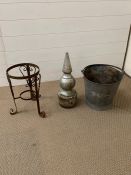A Cast Iron Finial, jardiniere stand and Vintage Zinc Bucket.