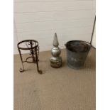 A Cast Iron Finial, jardiniere stand and Vintage Zinc Bucket.