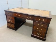 A Mahogany Victorian Partners Desk 5' x 3', drawers and cupboards with brass swan neck handles and