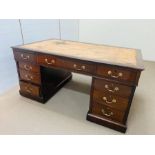 A Mahogany Victorian Partners Desk 5' x 3', drawers and cupboards with brass swan neck handles and