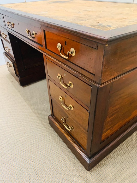 A Mahogany Victorian Partners Desk 5' x 3', drawers and cupboards with brass swan neck handles and - Image 2 of 4