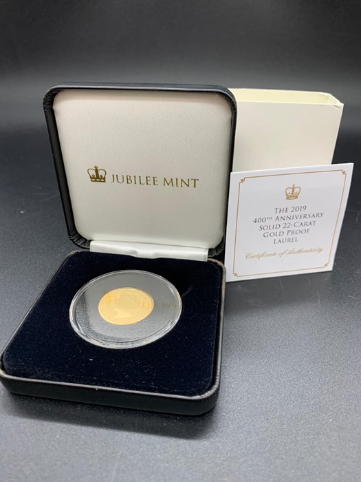 The 2019 400th Anniversary Solid 22 ct Gold Proof Laurel coin.