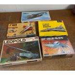 Five boxed aircraft kits to include Hasegawa Leopold German Railway Gun, Revell F-102A Delta Dagger,