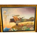 A Naïve WWI oil painting of a fighter plane and skeleton.