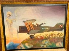 A Naïve WWI oil painting of a fighter plane and skeleton.