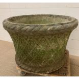 Large rope rimmed re-pressed stone pot with flower and lattice sides (H43cm Dia 62cm)