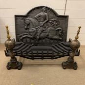 A large cast iron fire place back plate, cast with Lord Fairfox riding his horse along with grate