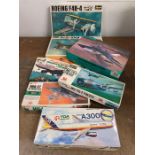 A selection of seven boxed Hasegawa aircraft kits to include Boeing F4B-4, Airbus A300, Boeing 747