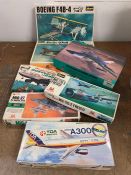 A selection of seven boxed Hasegawa aircraft kits to include Boeing F4B-4, Airbus A300, Boeing 747