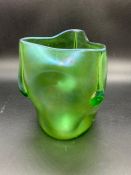 Loetz Crete Vesuvian iridescent Glass Vase C. 1901. Indented Triform with applied trailing fire