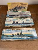 Three boxed Waterline Series Battleships by Hasegawa and Tamiya, and a Escorteur Victor Schoelcher