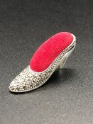 A Silver pincushion in the form of a Victorian Shoe set with Marcasites