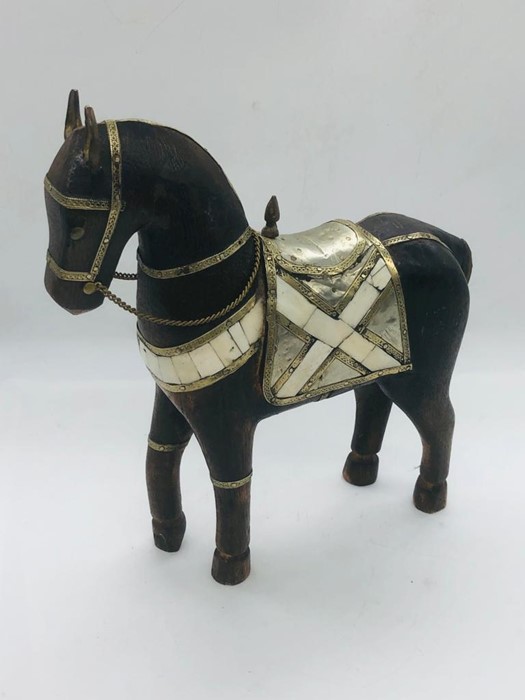 A decorative wooden horse featuring brass, white metal and shell decoration - Image 2 of 2