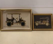 Two pictures of cars made of watch pieces.